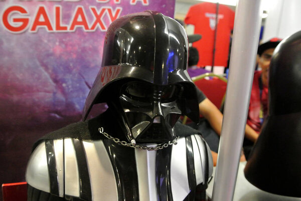 KUALA LUMPUR, MALAYSIA -MARCH 31, 2018: Fictional character action figures of Darth Vader from Star Wars franchise movies display by collector for public. The antagonist character against Jedi. 