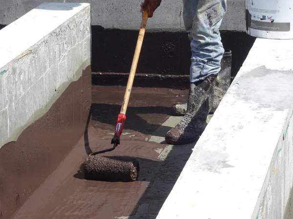 Kuala Lumpur Malaysia May 2018 Waterproofing Layer Applied Construction Workers — Stock Photo, Image