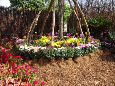 Putrajaya, Malezya-26 Ağustos 2018: mix çiçek Floria Garden, Putrajaya, Malezya ve geri dönüşüm malzeme yapılan küçük cep Bahçe.  