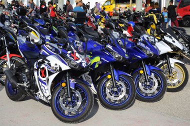 Kuala Lumpur, Malezya-28 Mart 2018: Yamaha motosiklet. Marka ve logolar, motosiklet vücut. Yamaha ünlü motosiklet üretmektedir dünyada Japonya den biridir. 