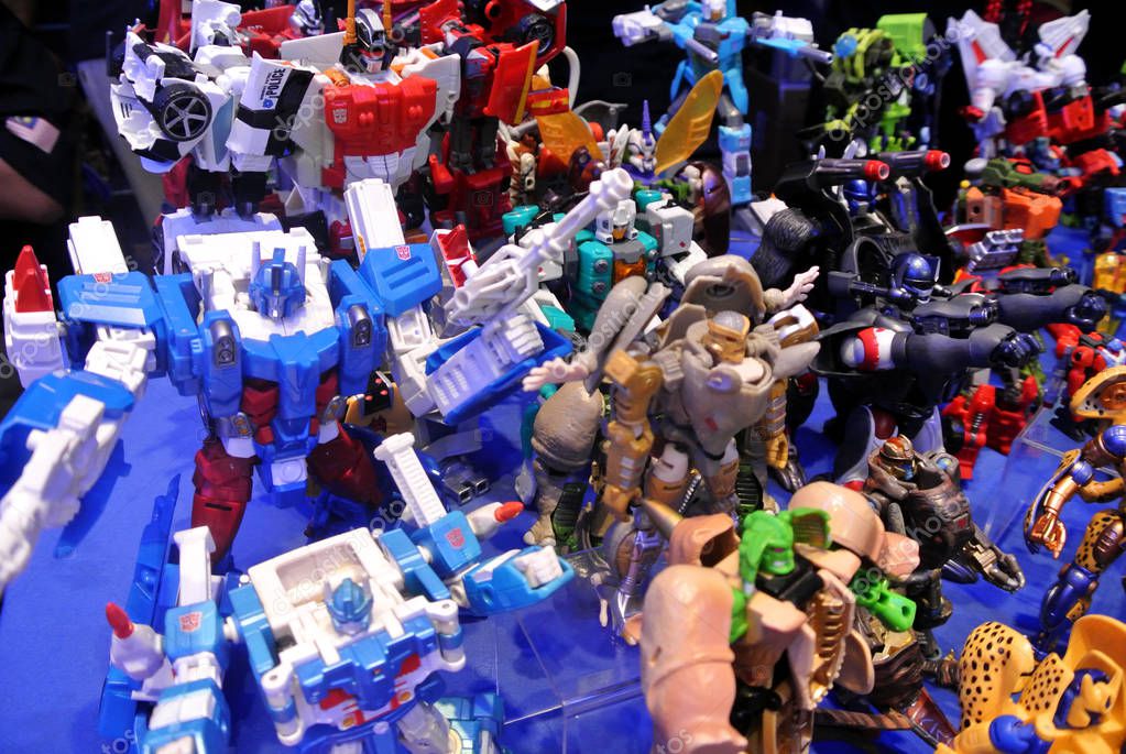 KUALA LUMPUR, MALAYSIA -APRIL 07, 2018:  Fictional character TRANSFORMERS toy action figure from cartoon developed in 1980s by Hasbro. Protagonist Autobots and antagonist Decepticons. Display for pubic by collector.