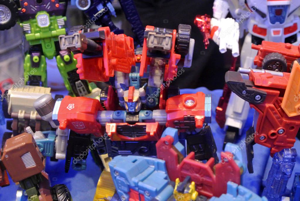 KUALA LUMPUR, MALAYSIA -APRIL 07, 2018:  Fictional character TRANSFORMERS toy action figure from cartoon developed in 1980s by Hasbro. Protagonist Autobots and antagonist Decepticons. Display for pubic by collector.