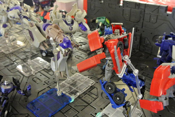 KUALA LUMPUR, MALAYSIA -APRIL 07, 2018:  Fictional character TRANSFORMERS toy action figure from cartoon developed in 1980s by Hasbro. Protagonist Autobots and antagonist Decepticons. Display for pubic by collector.   