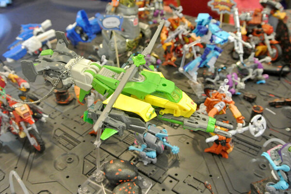 KUALA LUMPUR, MALAYSIA -APRIL 07, 2018:  Fictional character TRANSFORMERS toy action figure from cartoon developed in 1980s by Hasbro. Protagonist Autobots and antagonist Decepticons. Display for pubic by collector.   