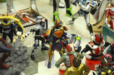 Kuala Lumpur, Malezya-6 Ekim 2018: seçili üzerinde duruldu kurgusal karakter aksiyon figürü Japon popüler serisi Kamen binici. Kamen binici çeşitli özel bağlı olarak kendi serisi ve dönemi.  