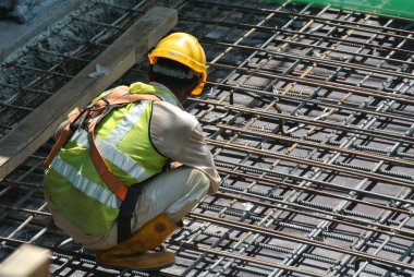 KUALA LUMPUR, MALAYSIA -JUNE 27, 2016: Construction workers fabricating steel reinforcement bar at the construction site in. The reinforcement bar was ties together using tiny wire.