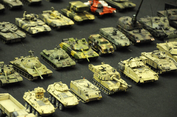KUALA LUMPUR, MALAYSIA -OCTOBER 6, 2018: Selected focused miniature model of military tanks and amour vehicles. Display for public by collector.
