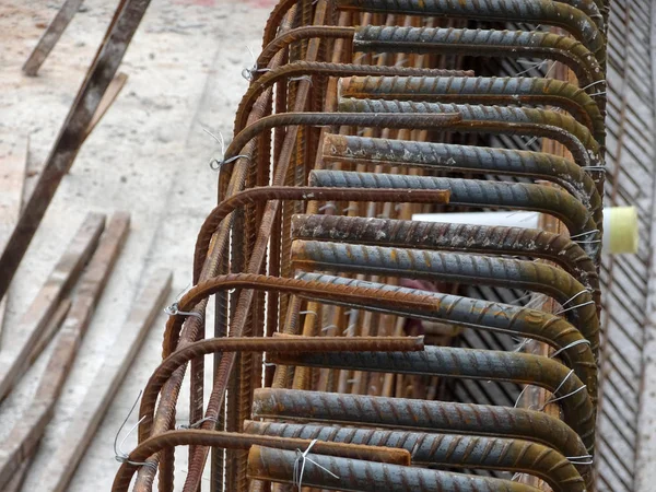 Reinforcement Bar Tied Together Using Tiny Wire Place Top Plywood — Stock Photo, Image