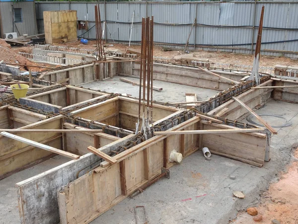 Reinforcement Bar Tied Together Using Tiny Wire Place Top Plywood — Stock Photo, Image