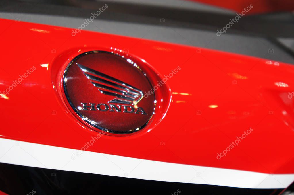 KUALA LUMPUR, MALAYSIA -NOVEMBER 26, 2018: Honda motorcycle brand and logos emblem at the motorcycle body. Honda is one of the famous motorcycles manufactures in the world from Japan.