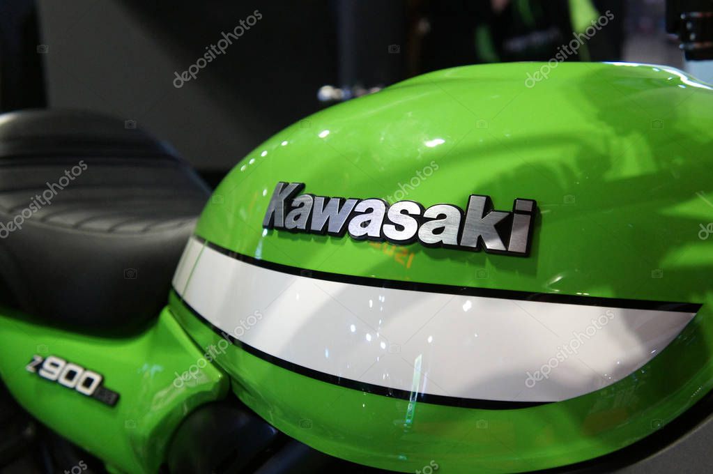 KUALA LUMPUR, MALAYSIA -NOVEMBER 26, 2018: KAWASAKI commercial brand and logos at the motorcycle body. Kawasaki is one of the famous motorcycle manufacture in the world from Japan.