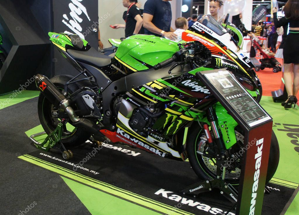 KUALA LUMPUR, MALAYSIA -NOVEMBER 26, 2018: Kawasaki sport bike displayed in huge showroom for sale. Kawasaki is one of the famous motorcycle manufacture in the world from Japan.