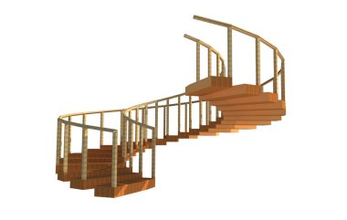 dekoratif ahşap sarmal merdiven Ahşap korkuluk ile tam 3D görüntü illüstrasyon. 