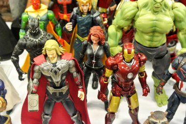 Kuala Lumpur, Malezya-31 Mart 2018: seçili Avengers Team adlı Marvel çizgi aksiyon figürü duruldu. Aksiyon figürleri toplayıcı tarafından biraraya. 