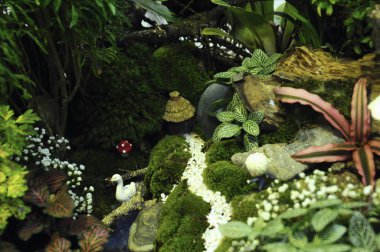 Kuala Lumpur, Malezya-28 Mart 2018: küçük bitki ve diğer malzeme yapılmış minyatür Bahçe. Yaratıcı tasarımcılar formu muhteşem sahne göre düzenlenmiş. 