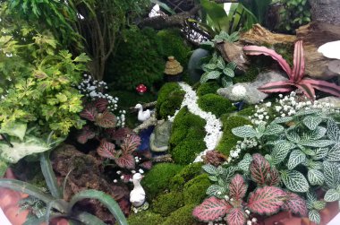 Kuala Lumpur, Malezya-28 Mart 2018: küçük bitki ve diğer malzeme yapılmış minyatür Bahçe. Yaratıcı tasarımcılar formu muhteşem sahne göre düzenlenmiş. 