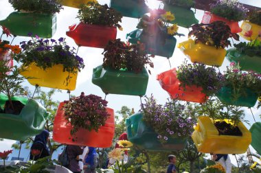 Kuala Lumpur, Malezya-03 Aralık 2018: çiçek dikti dikey olarak plastik şişe kapsayıcı geri dönüşümü için.