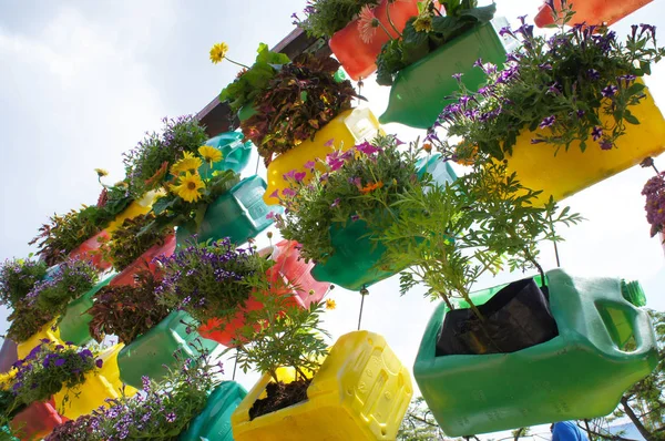 Kuala Lumpur Malaysia December 2018 Flower Planted Vertically Recycling Plastic — Stock Photo, Image