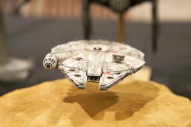 KUALA LUMPUR, MALAYSIA -NOVEMBER 3, 2018: Selected focused scale model of Millennium Falcon space ship from Star Wars franchise movies. The model displayed by the collector for the public.  clipart