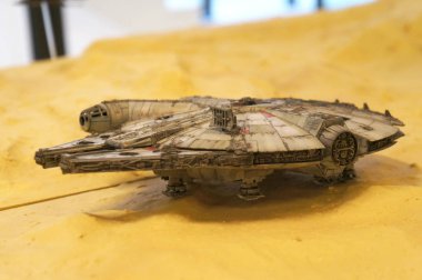 KUALA LUMPUR, MALAYSIA -NOVEMBER 3, 2018: Selected focused scale model of Millennium Falcon space ship from Star Wars franchise movies. The model displayed by the collector for the public.  clipart