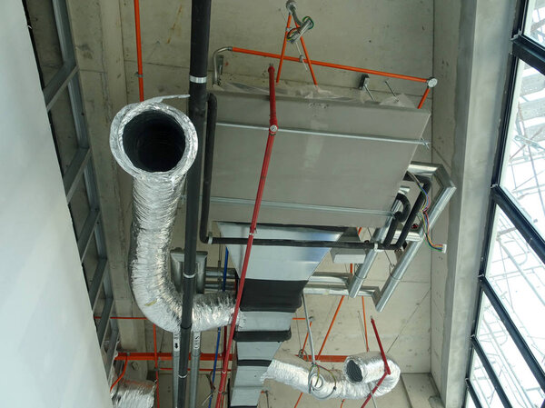 KUALA LUMPUR, MALAYSIA - AUGUST 31, 2018: Air-condition and ventilation duct under construction at the construction site. Distributing cool air and control the room's temperature.  