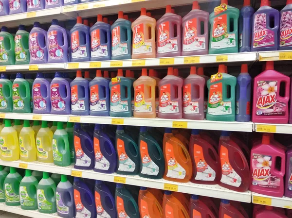 stock image KUALA LUMPUR, MALAYSIA -APRIL 5, 2019: Selected focused on liquid detergent displayed on the rack inside the huge supermarkets. Sorted following brands and type for easy for the customers to finds. 