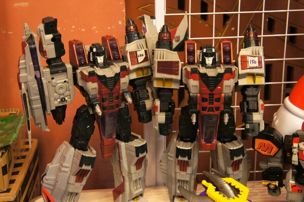 KUALA LUMPUR, MALAYSIA -APRIL 13, 2019:  Fictional character TRANSFORMERS toy action figure from cartoon developed in 1980s by Hasbro. Protagonist Autobots and antagonist Decepticons. Display for the public by the collector.   