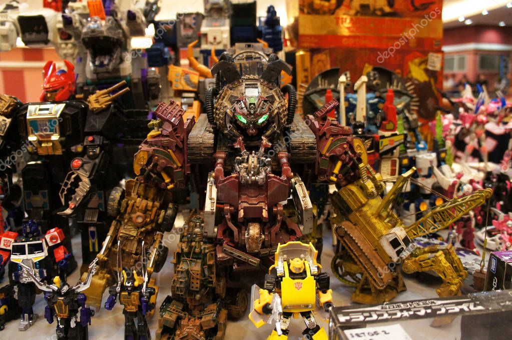 KUALA LUMPUR, MALAYSIA -APRIL 13, 2019:  Fictional character TRANSFORMERS toy action figure from cartoon developed in 1980s by Hasbro. Protagonist Autobots and antagonist Decepticons. Display for the public by the collector.