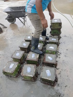 Kuala Lumpur, Malezya -17 Haziran 2017: Laboratuvarda beton sıkıştırma ve mukavemet testi için beton küphazırlanması. Standart küp şeklinde beton blok almak için kullanılan kare çelik kalıp.  
