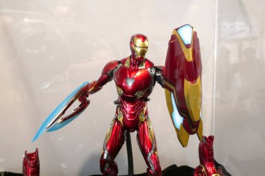 KUALA LUMPUR, MALAYSIA -JUNE 22, 2019: Selected focused on IRON MAN character action figure from Marvel Iron Man comics and movies. Displayed by the collector for sale.  clipart