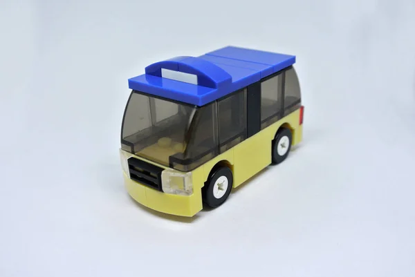 Selected Focused Small Toy Bus Made Plastic Brick Isolated White — Stock Photo, Image