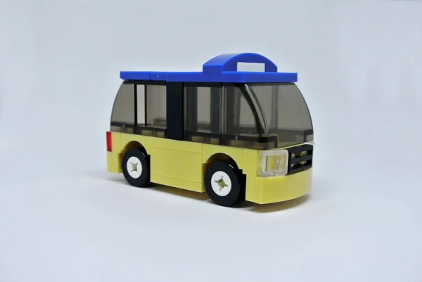 Selected Focused Small Toy Bus Made Plastic Brick Isolated White — Stock Photo, Image