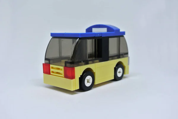 Selected Focused Small Toy Bus Made Plastic Brick Isolated White — Stock Photo, Image