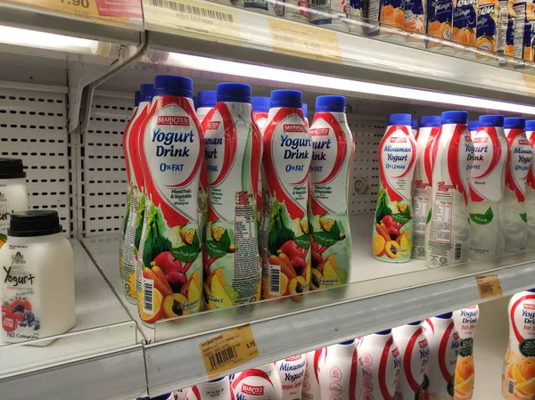马来西亚吉隆坡 2019年7月30日 酸奶饮料和其他乳制品在巨大的开放式冷水机组中出售 按类型和品牌排列 方便客户使用 — 图库照片