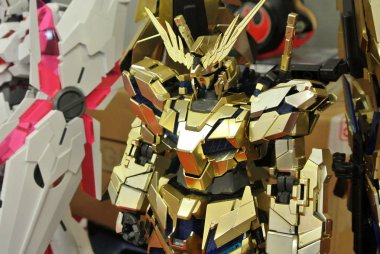 Kuala Lumpur, Malezya - 31 Mart 2018: Mobil Takım Elbiseli Gundam oyuncağı model ve oyuncaklara odaklandı. Gunpla & Bandai 'nin kurgusal Gundam evreninin karakterleri.