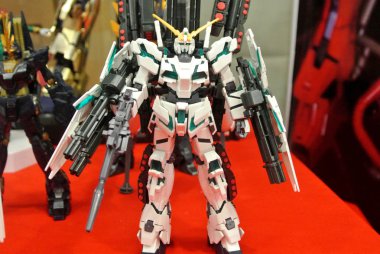 Kuala Lumpur, Malezya - 31 Mart 2018: Mobil Takım Elbiseli Gundam oyuncağı model ve oyuncaklara odaklandı. Gunpla & Bandai 'nin kurgusal Gundam evreninin karakterleri.