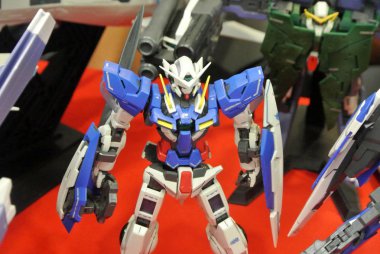Kuala Lumpur, Malezya - 31 Mart 2018: Mobil Takım Elbiseli Gundam oyuncağı model ve oyuncaklara odaklandı. Gunpla & Bandai 'nin kurgusal Gundam evreninin karakterleri.