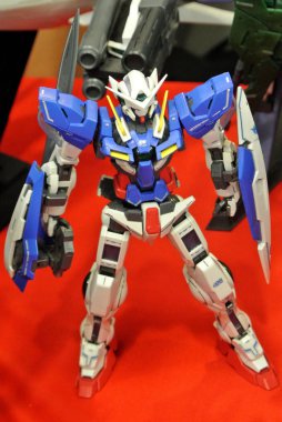 Kuala Lumpur, Malezya - 31 Mart 2018: Mobil Takım Elbiseli Gundam oyuncağı model ve oyuncaklara odaklandı. Gunpla & Bandai 'nin kurgusal Gundam evreninin karakterleri.