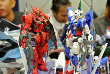 Kuala Lumpur, Malezya - 31 Mart 2018: Mobil Takım Elbiseli Gundam oyuncağı model ve oyuncaklara odaklandı. Gunpla & Bandai 'nin kurgusal Gundam evreninin karakterleri.