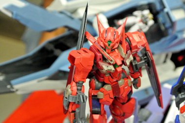 Kuala Lumpur, Malezya - 31 Mart 2018: Mobil Takım Elbiseli Gundam oyuncağı model ve oyuncaklara odaklandı. Gunpla & Bandai 'nin kurgusal Gundam evreninin karakterleri.