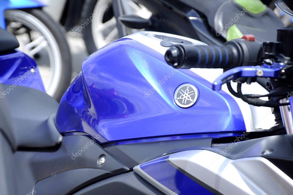 KUALA LUMPUR, MALAYSIA -MARCH 28, 2018: YAMAHA motorcycle brand & logos at the motorcycle body. YAMAHA is one of the famous motorcycles manufactures in the world from Japan.