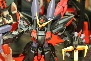 Kuala Lumpur, Malezya - 31 Mart 2018: Mobil Takım Elbiseli Gundam oyuncağı model ve oyuncaklara odaklandı. Gunpla & Bandai 'nin kurgusal Gundam evreninin karakterleri.