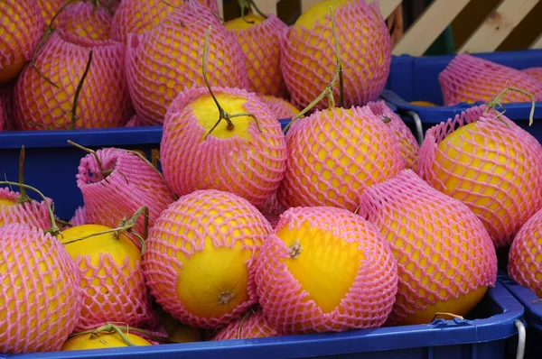 Kuala Lumpur Malaysia March 2017 Pile Cantaloupe Rockmelon Fruit Blue — Stock Photo, Image