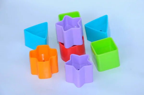 Blocs Jouets Isolés Pour Enfants Différentes Formes Plastique Sur Fond — Photo