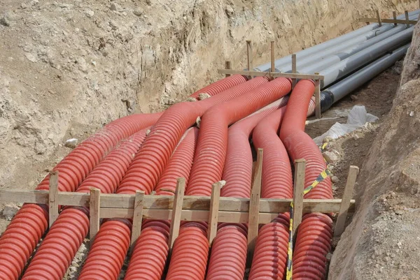 Tubo Protección Cable Subterráneo Pvc Tubería Construcción Utiliza Para Proteger — Foto de Stock