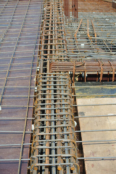 SELANGOR, MALAYSIA -MAY 18, 2016: Hot rolled deformed steel bars or steel reinforcement bar tied together before casting in the concrete. Its function is to increase the concrete strength. 