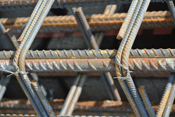 SELANGOR, MALAYSIA -MAY 18, 2016: Hot rolled deformed steel bars or steel reinforcement bar tied together before casting in the concrete. Its function is to increase the concrete strength. 