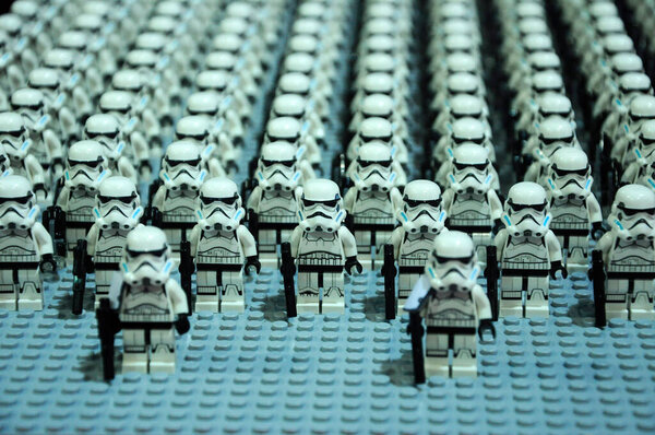 SELANGOR, MALAYSIA -JULY 30, 2016: First Order Stormtroopers army and other Dtarwars character figures figure from Starwars VII "The Force Awakens" movies. It made from plastics bricks.  
