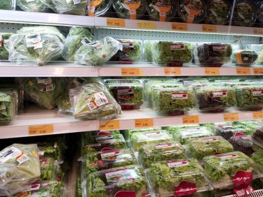 KUALA LUMPUR, MALAYSIA - 16 Temmuz 2020: Sebzeler plastik bir kapta ve plastik ambalajda paketlenmiştir. Süpermarketteki soğutucu rafında sergilendi. 