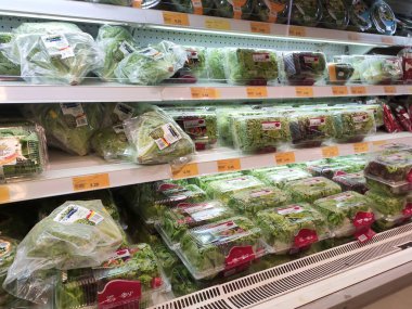 KUALA LUMPUR, MALAYSIA - 16 Temmuz 2020: Sebzeler plastik bir kapta ve plastik ambalajda paketlenmiştir. Süpermarketteki soğutucu rafında sergilendi. 